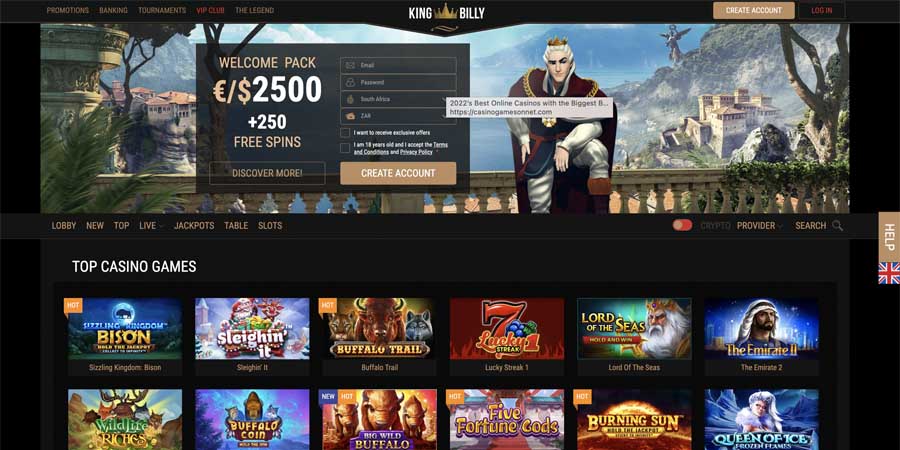 screenshot king billy casino interface