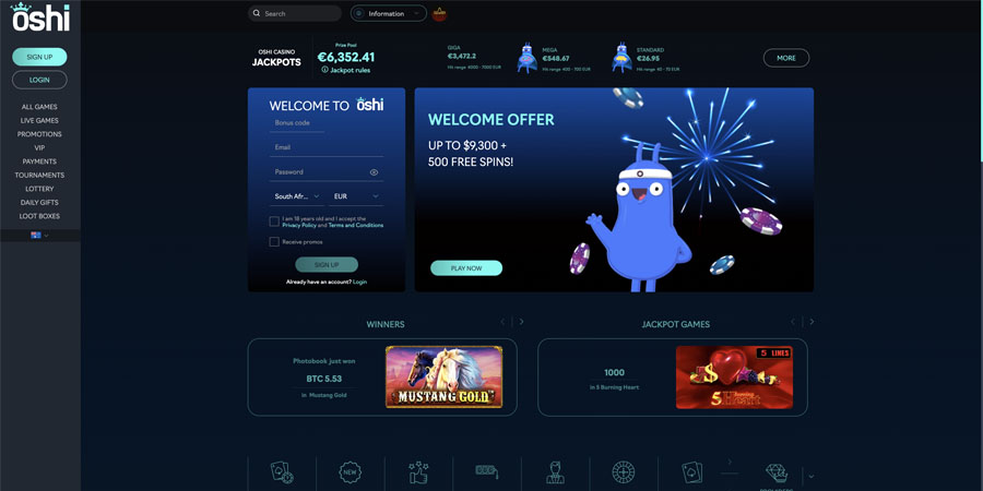 screenshot oshi casino interface